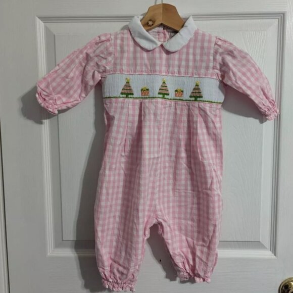 Smockingbird Girls Baby Romper Size 24 Month Toddler Pink Holiday Tree Gift